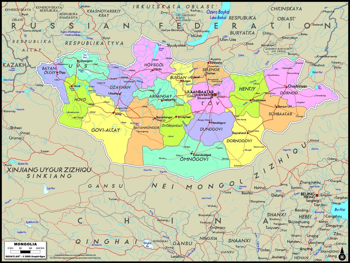 ֆիզիկական քարտեզ Մոնղոլիայի