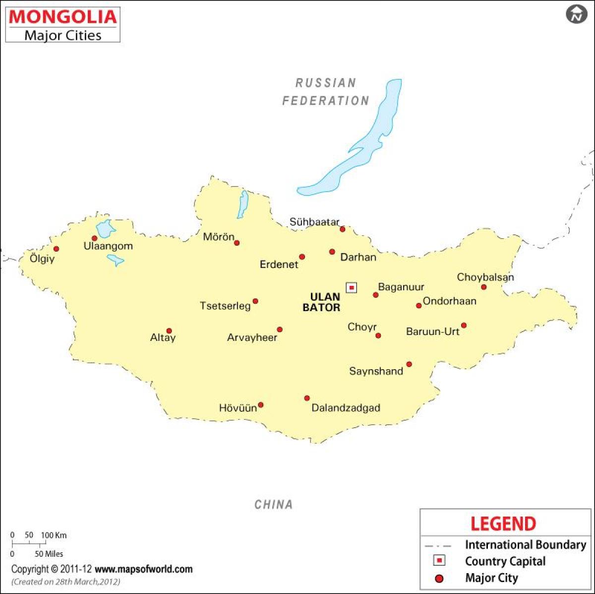 Քարտեզ Մոնղոլիայի քաղաքների հետ